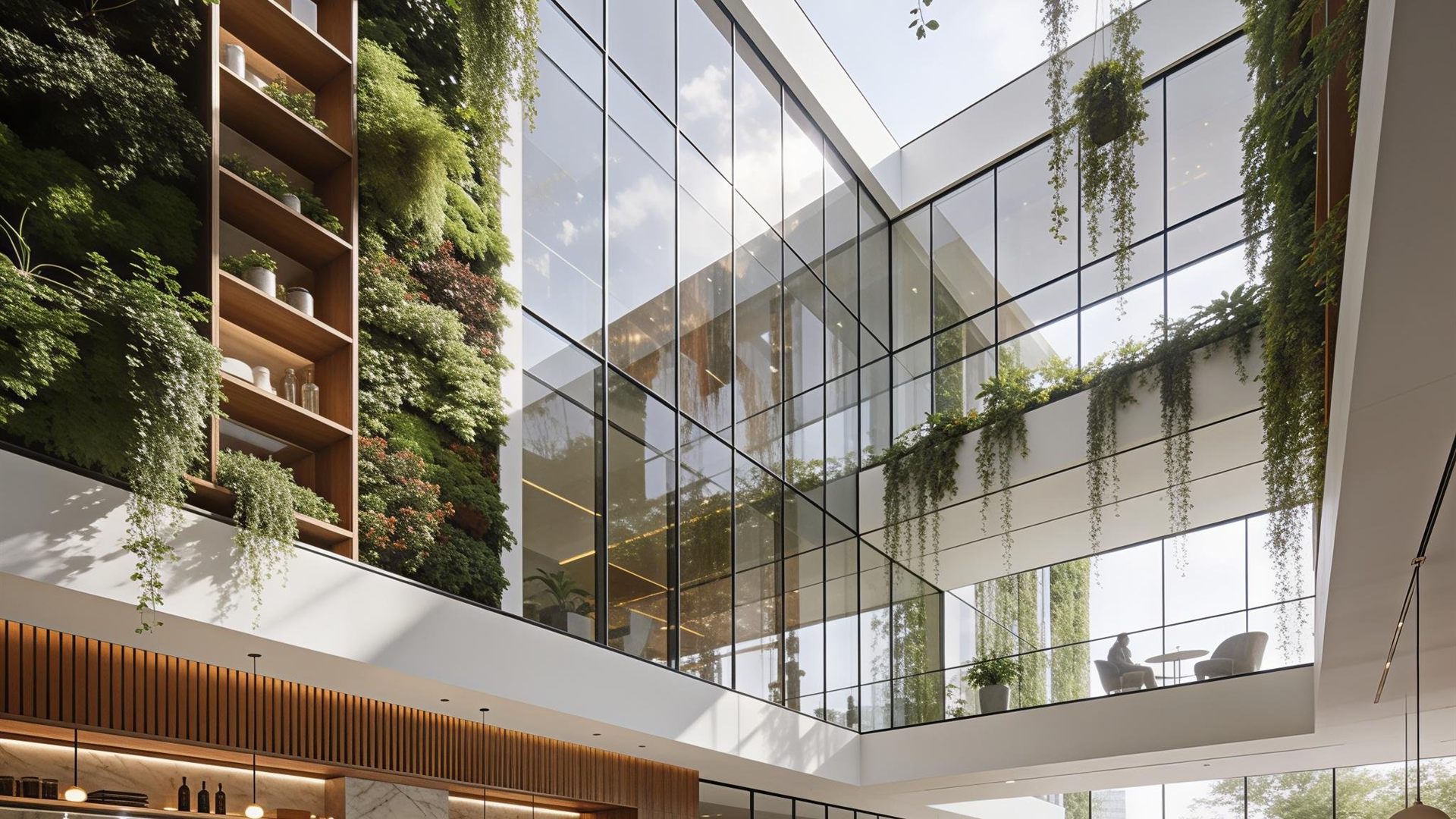 Atrium tertiaire vitré avec murs végétalisés